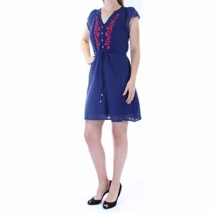 Blue Floral Embroidered Sheath Dress